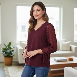 Ann Taylor Factory Blouse Tie Floral Sleeves Sz S Burgundy #77H